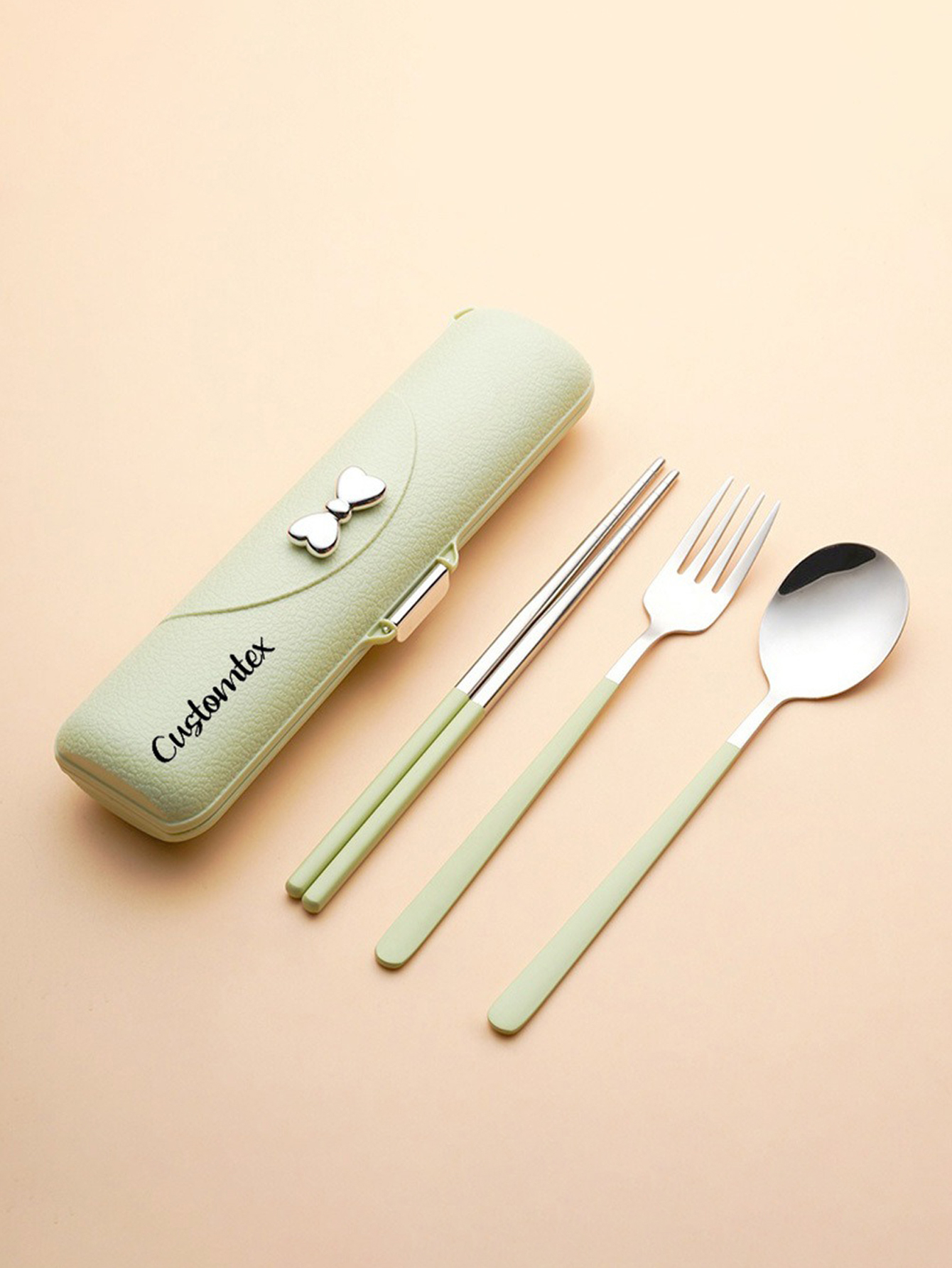 ustom Text Bow Portable Cutlery Set - Stainless Steel Spoon, Fork, and Chopsticks Trio with Plastic Handles, Includes Spoon, Fork, Chopsticks, and Storage Case